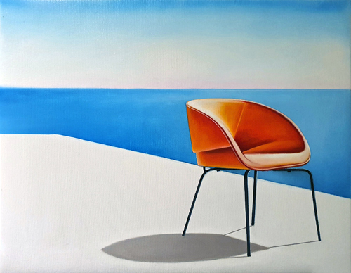 Stuhl, orange, 40 x 50 cm, Öl auf Leinwand, 2023