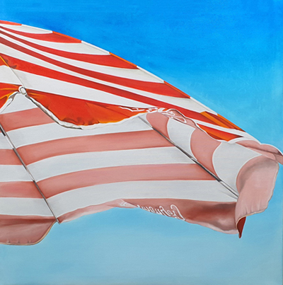 Sonnenschirm rot-weiß, 100 x 100 cm, Öl auf Leinwand, 2025